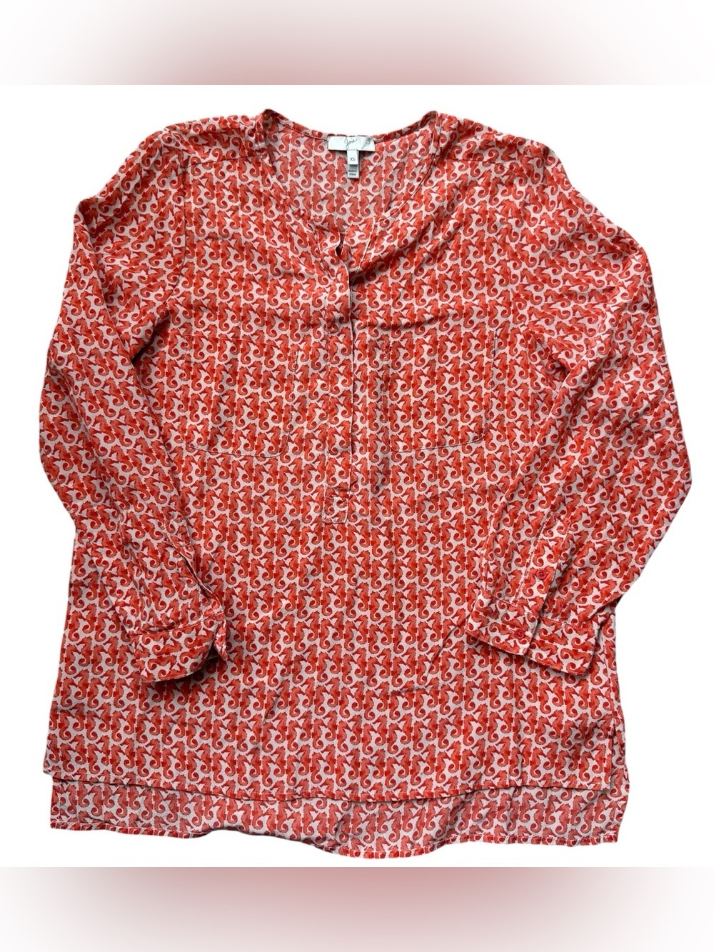 Joie 100% Silk Seahorse Print Popover Blouse Coral Pink XS Coastal Boho Top Luxe